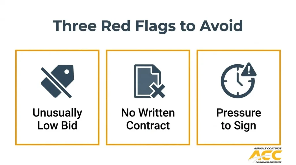 Paving contractor warning signs including an unusually low bid, no written contract, and pressure to sign.