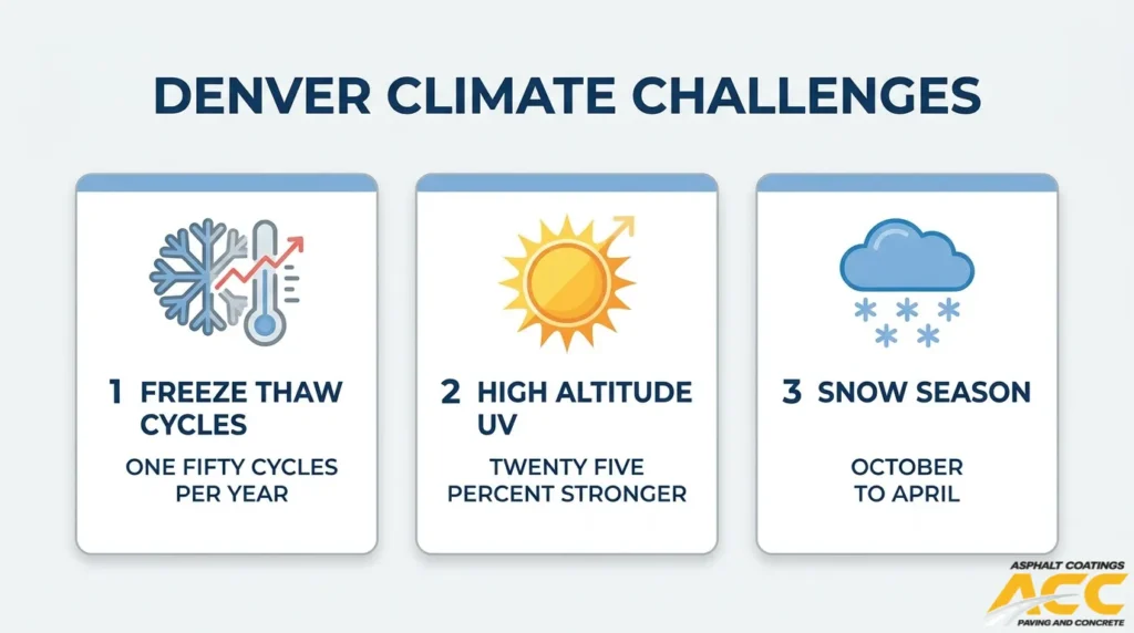 Denver climate challenges for asphalt paving, including freeze-thaw cycles, stronger high-altitude UV exposure, and a long snow season