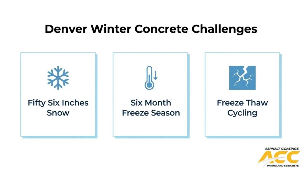 Denver winter concrete challenges, including heavy snowfall, a six-month freeze season, and repeated freeze-thaw cycles.