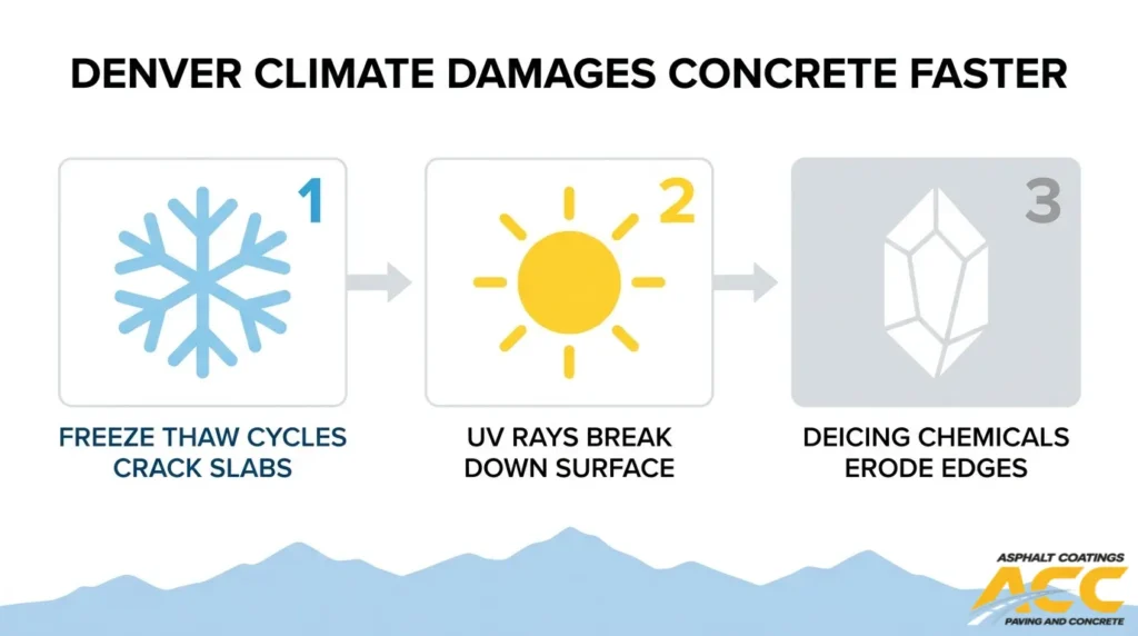 Infographic showing how Denver freeze-thaw cycles, UV rays, and deicing chemicals accelerate concrete damage
