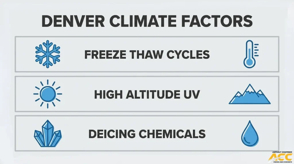 Denver climate factors that accelerate asphalt deterioration, including freeze-thaw cycles, high-altitude UV exposure, and deicing chemicals