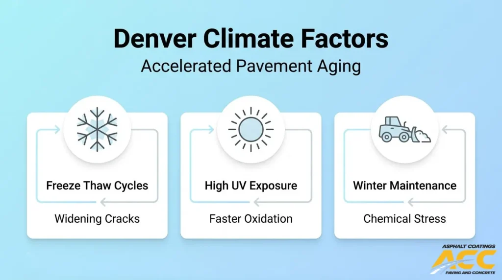 Denver climate factors that accelerate pavement aging, including freeze-thaw cycles, UV exposure, and winter maintenance chemicals