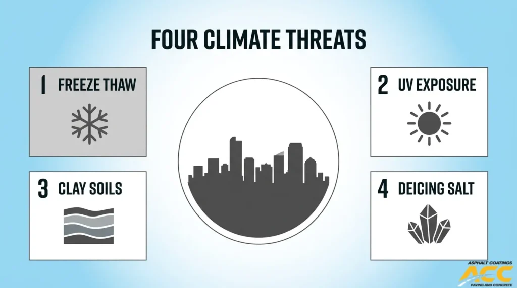 Four Denver climate threats to concrete: freeze-thaw cycles, UV exposure, clay soils, and deicing salt