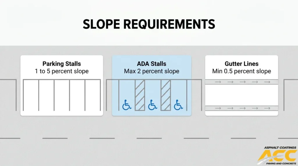 Commercial parking lot slope requirements showing 1 to 5 percent for standard stalls, a 2 percent maximum for ADA stalls, and a 0.5 percent minimum for gutter lines.