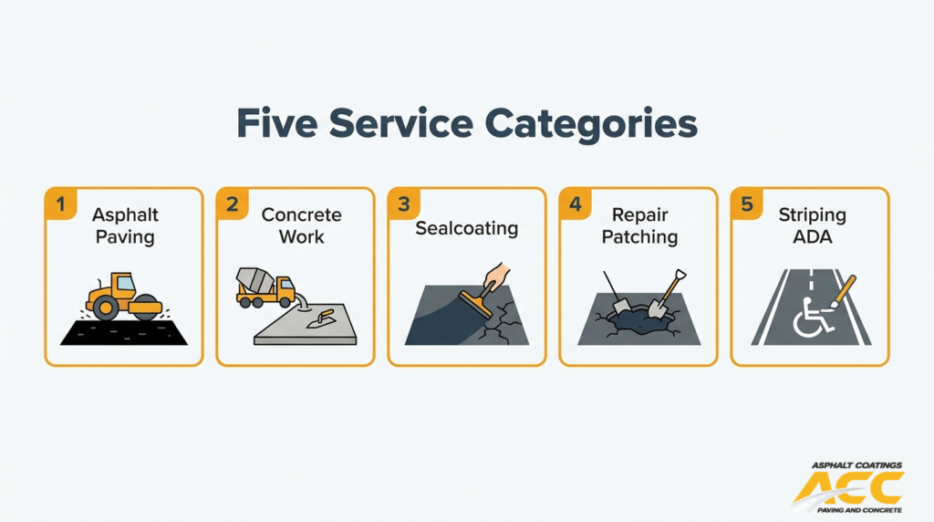 Five commercial paving service categories: asphalt paving, concrete work, sealcoating, pavement repair, and ADA-compliant striping.