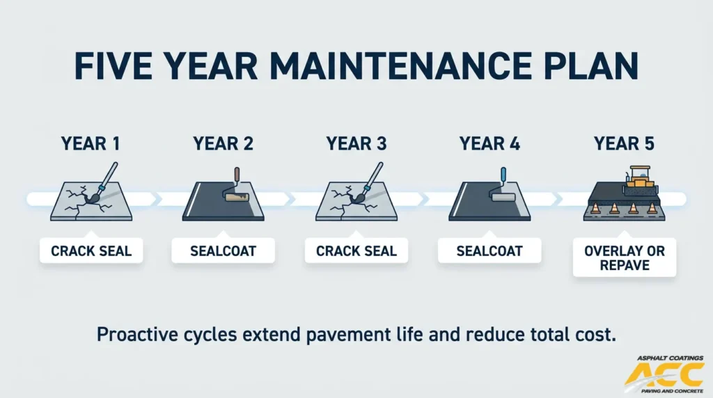 Five-year asphalt maintenance plan alternating crack sealing and sealcoating before an overlay or repaving project in year five.