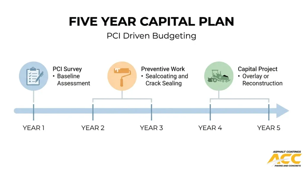 Five-year pavement capital plan showing PCI assessment, preventive maintenance, and future overlay or reconstruction