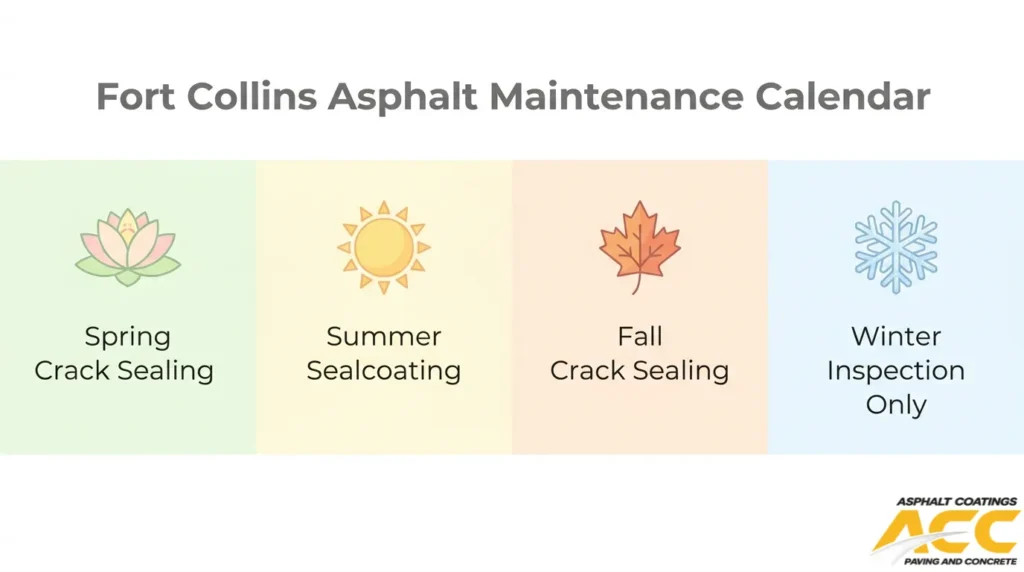 Fort Collins asphalt maintenance calendar showing crack sealing in spring and fall, sealcoating in summer, and inspections during winter.