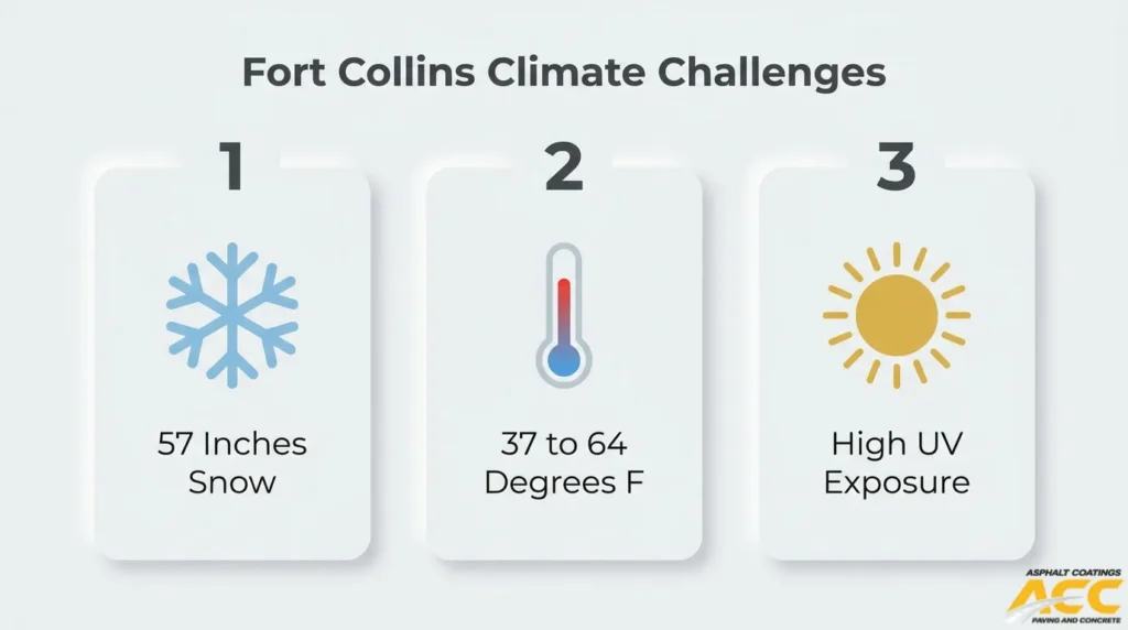 Fort Collins climate challenges for asphalt, including heavy snowfall, temperature swings, and high UV exposure