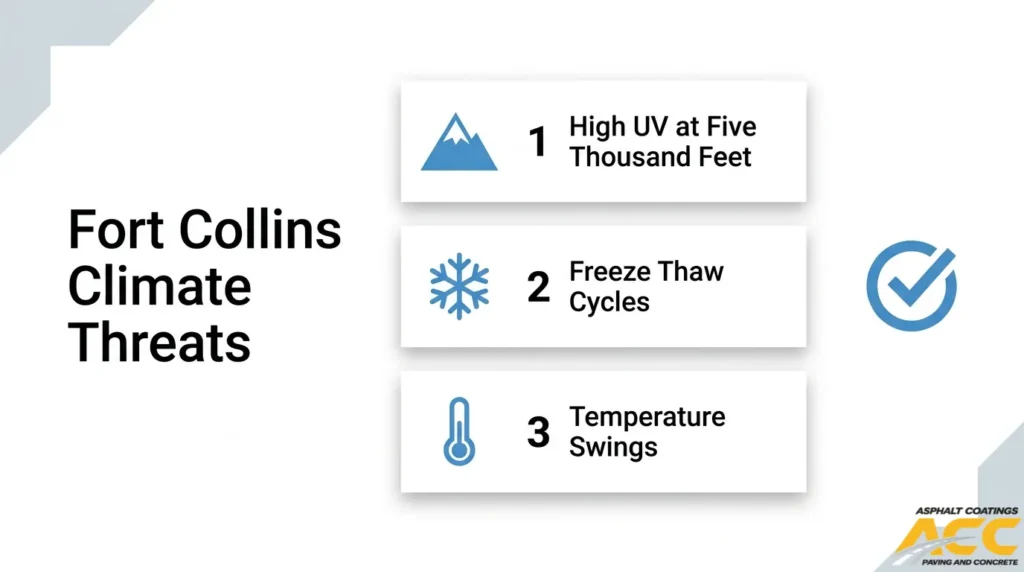 Fort Collins climate threats to asphalt, including high-altitude UV exposure, freeze-thaw cycles, and temperature swings
