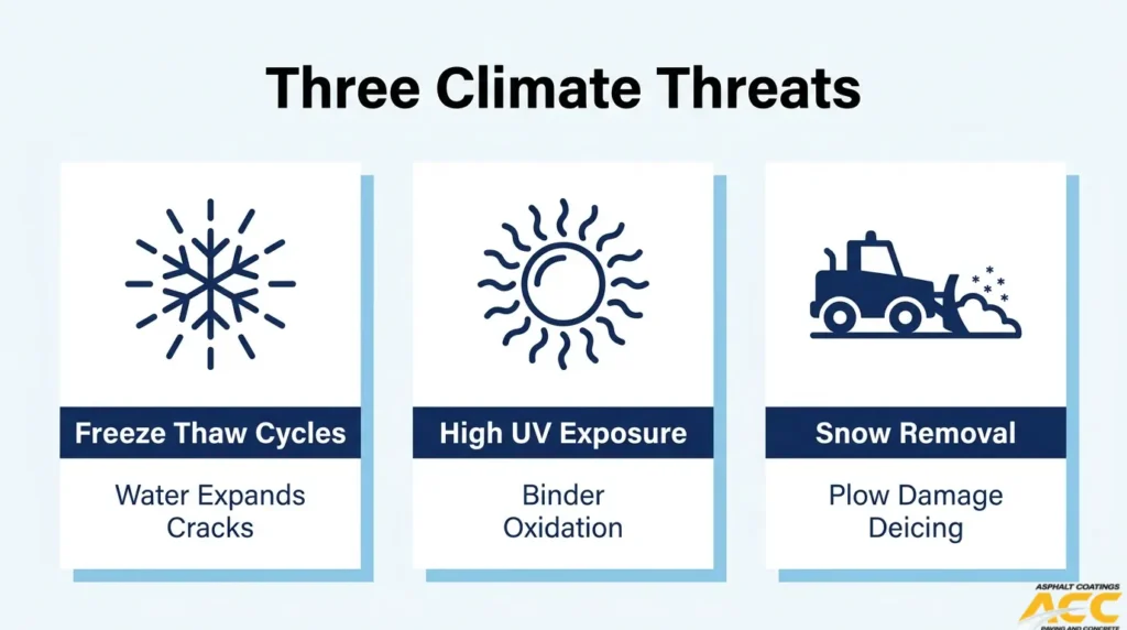 Fort Collins asphalt climate threats including freeze-thaw cycles, high UV exposure, and snow removal damage