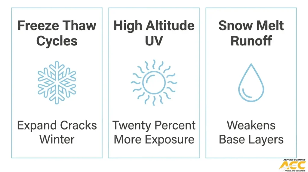 Fort Collins climate factors showing freeze-thaw cycles, high-altitude UV exposure, and snowmelt runoff that contribute to asphalt deterioration.