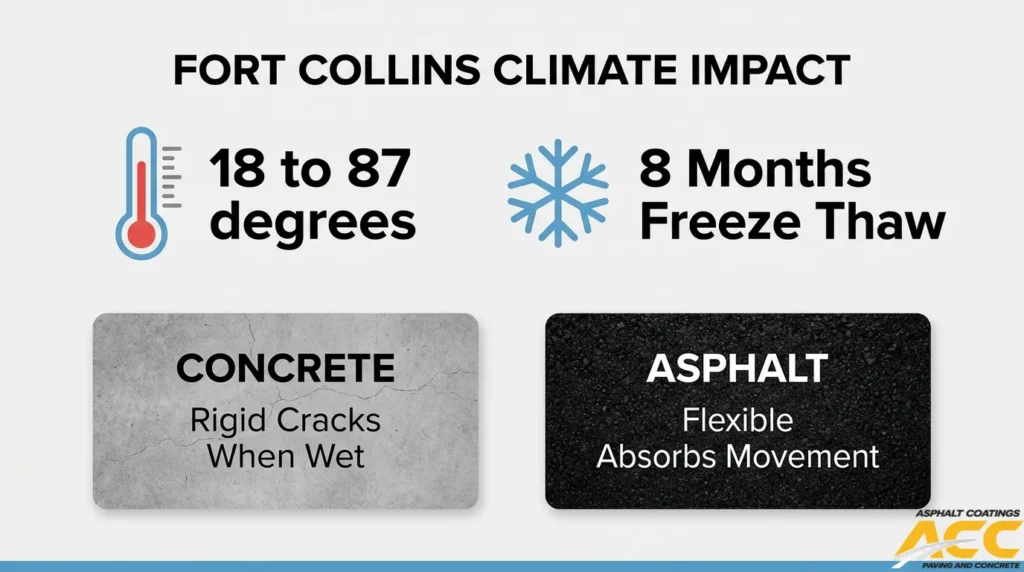Fort Collins climate impact comparison showing concrete rigidity and asphalt flexibility during temperature swings and freeze-thaw cycles.