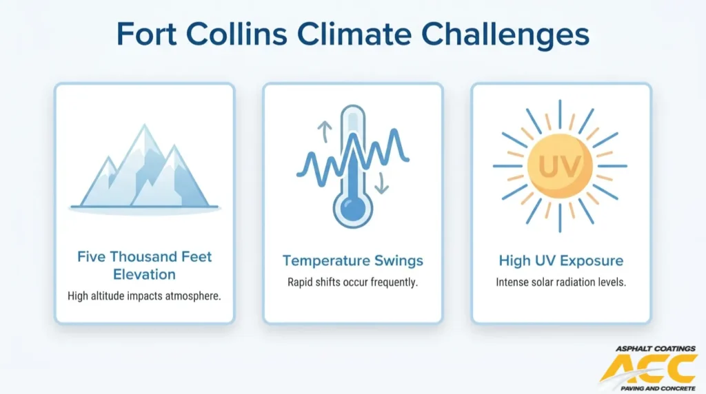 Fort Collins climate challenges affecting sealcoating, including 5,000-foot elevation, rapid temperature swings, and high UV exposure.