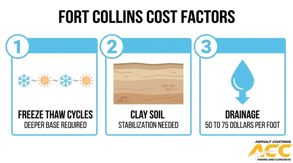 Fort Collins paving cost factors including freeze-thaw cycles, clay soil stabilization, and drainage requirements