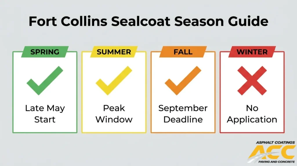 Fort Collins sealcoating season guide showing a late-May start, summer peak window, September deadline, and no winter application.