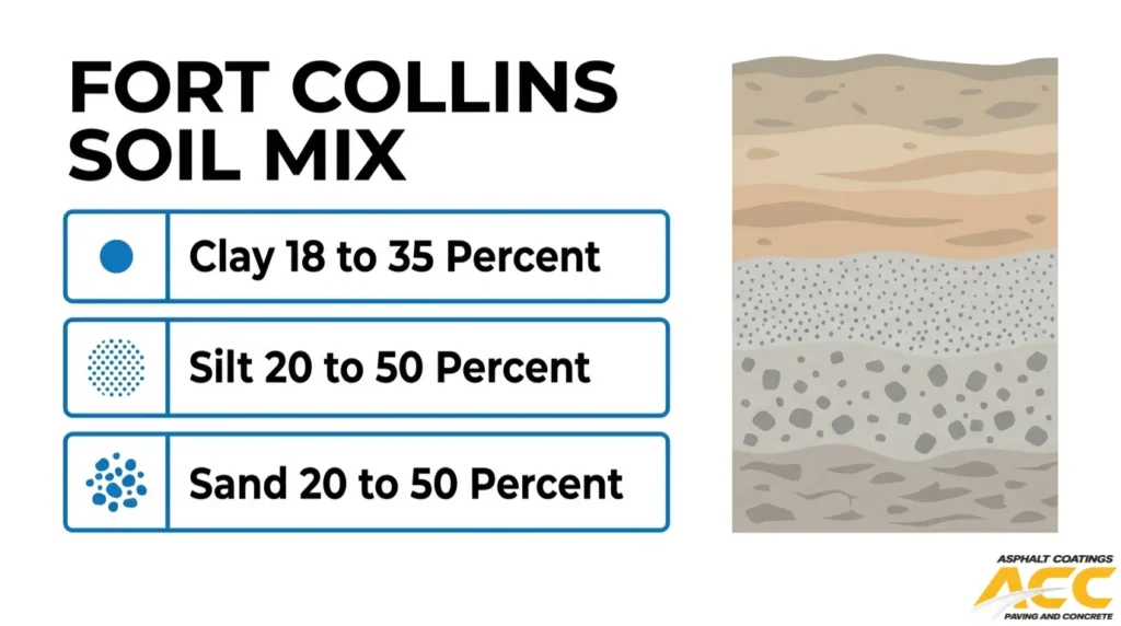 Fort Collins soil composition showing typical percentages of clay, silt, and sand beneath pavement installations.