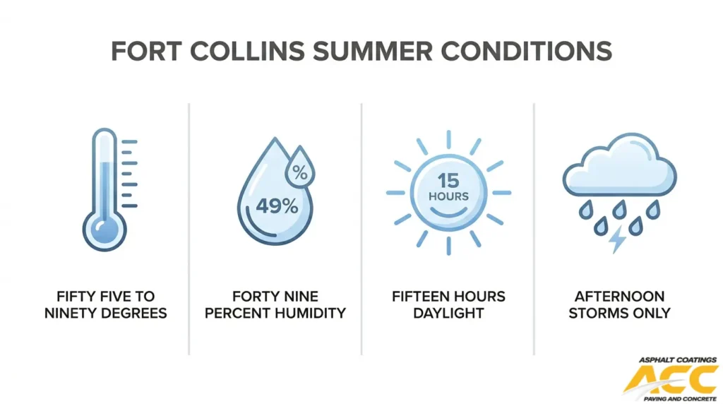 Fort Collins summer conditions for sealcoating, including temperatures from 55°F to 90°F, 49 percent humidity, 15 hours of daylight, and afternoon storms.