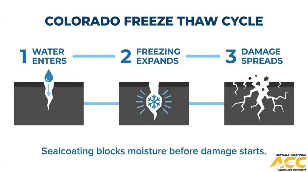 Colorado freeze-thaw cycle showing water entering asphalt cracks, expanding as it freezes, and spreading pavement damage.