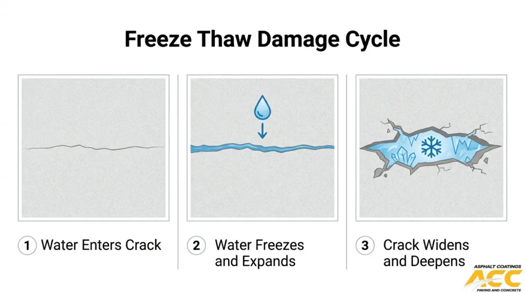 Freeze-thaw asphalt damage cycle showing water entering a crack, freezing and expanding, then widening and deepening the crack.