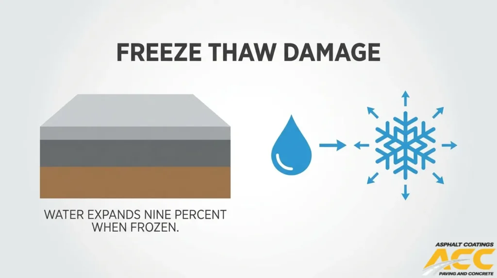 Diagram showing how water expands when frozen and causes freeze-thaw damage beneath asphalt pavement
