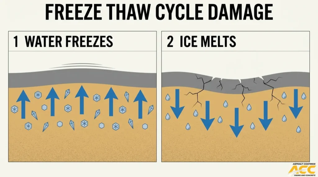 Freeze-thaw cycle diagram showing frozen water lifting pavement and melting ice contributing to asphalt cracking and failure.