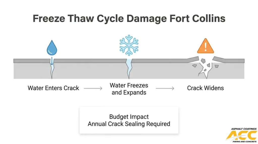 Freeze-thaw cycle damage in Fort Collins showing water entering asphalt cracks, freezing, expanding, and widening the pavement.
