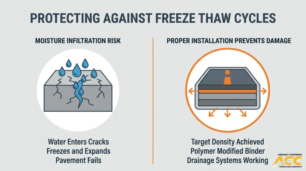 Freeze-thaw pavement damage prevention diagram comparing moisture infiltration with properly installed asphalt, effective drainage, and adequate density.