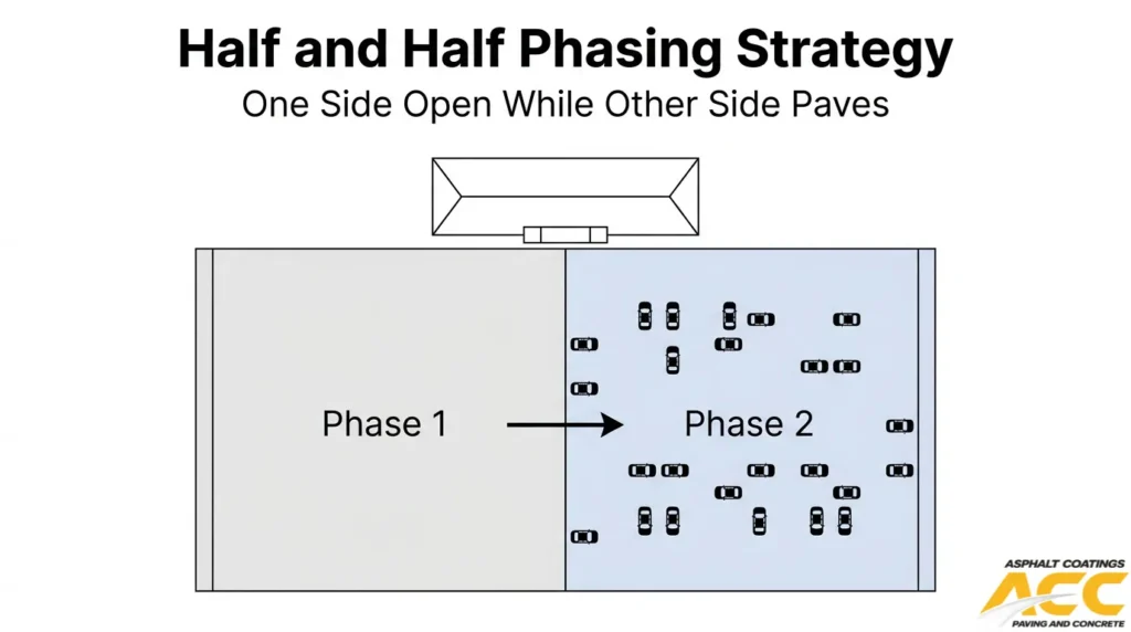 Half-and-half parking lot paving strategy that keeps one section open while the other section is completed