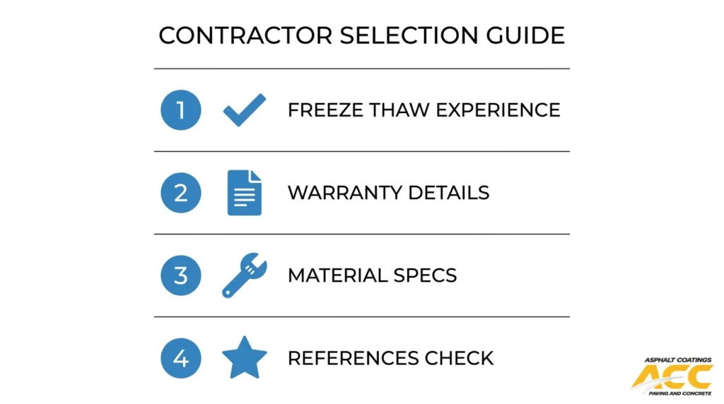 Concrete repair contractor selection checklist covering freeze-thaw experience, warranties, material specifications, and references
