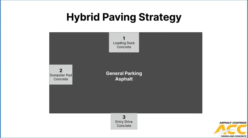 Hybrid paving strategy using asphalt for general parking and concrete for loading docks, dumpster pads, and entry drives.