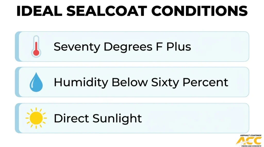Ideal sealcoating conditions of temperatures above 70°F, humidity below 60 percent, and direct sunlight.
