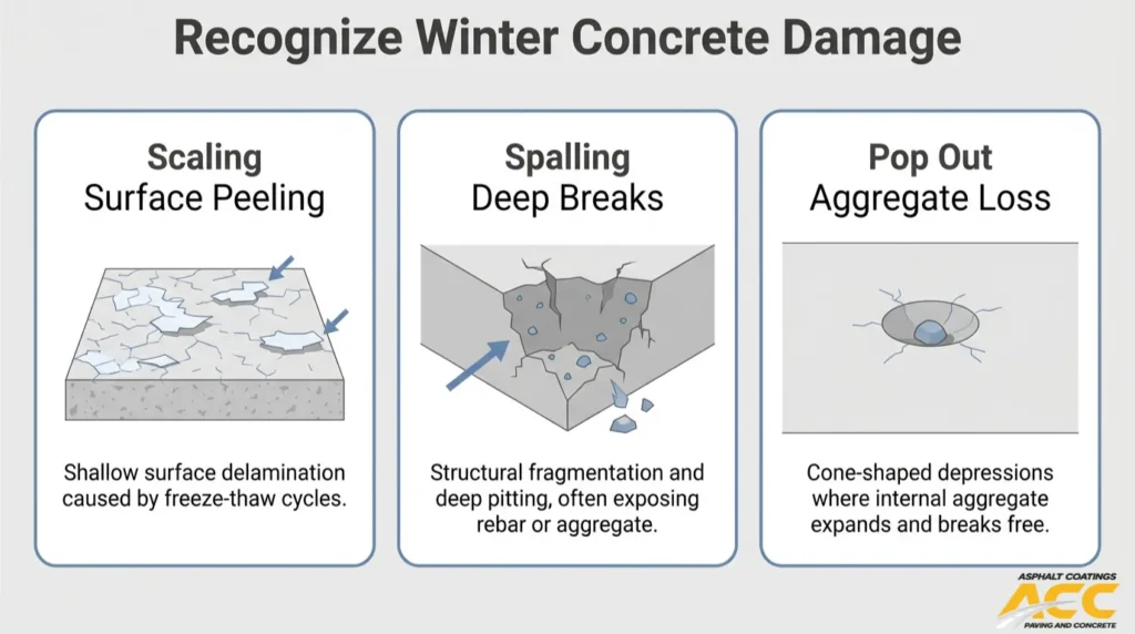 Common winter concrete damage types showing surface scaling, deep spalling, and pop-outs caused by aggregate loss.