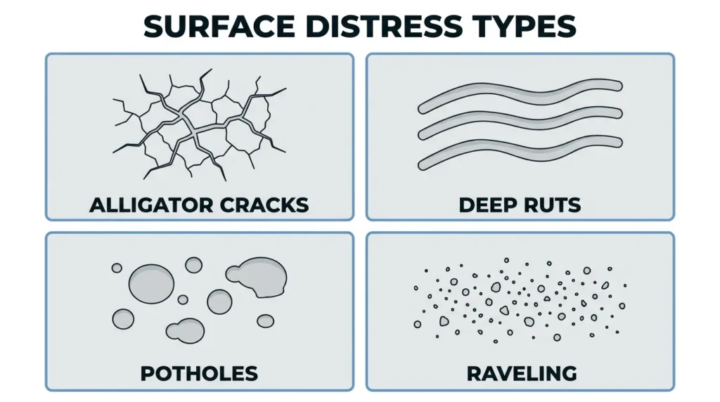 Visual guide to industrial asphalt surface distress types, including alligator cracks, deep ruts, potholes, and raveling
