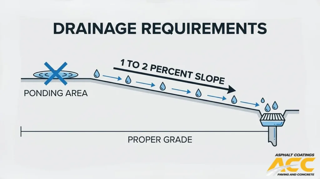 Industrial parking lot drainage diagram showing a 1% to 2% slope directing water toward a drain and preventing ponding