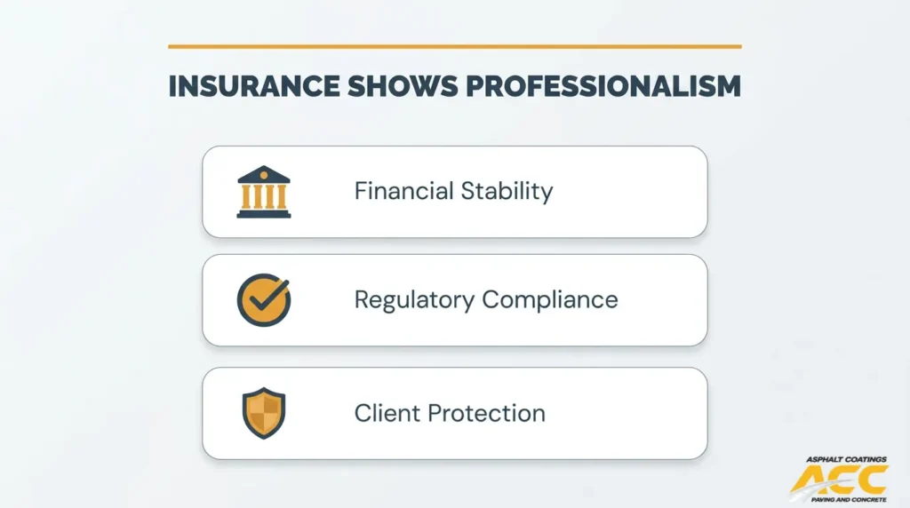 Contractor insurance demonstrates financial stability, regulatory compliance, and protection for paving clients.