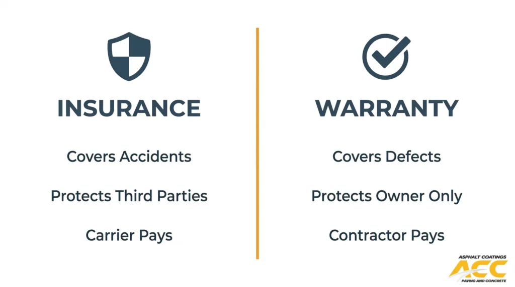 Insurance versus warranty comparison showing that insurance covers accidents and third parties, while warranties cover defects for the property owner.