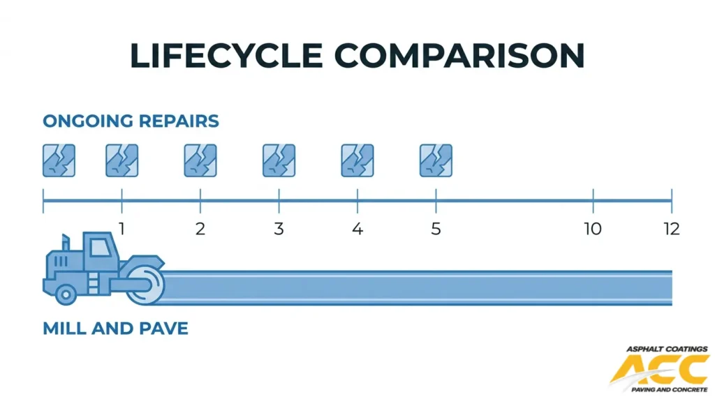 Lifecycle comparison of annual asphalt repairs versus a mill-and-pave surface lasting up to 12 years