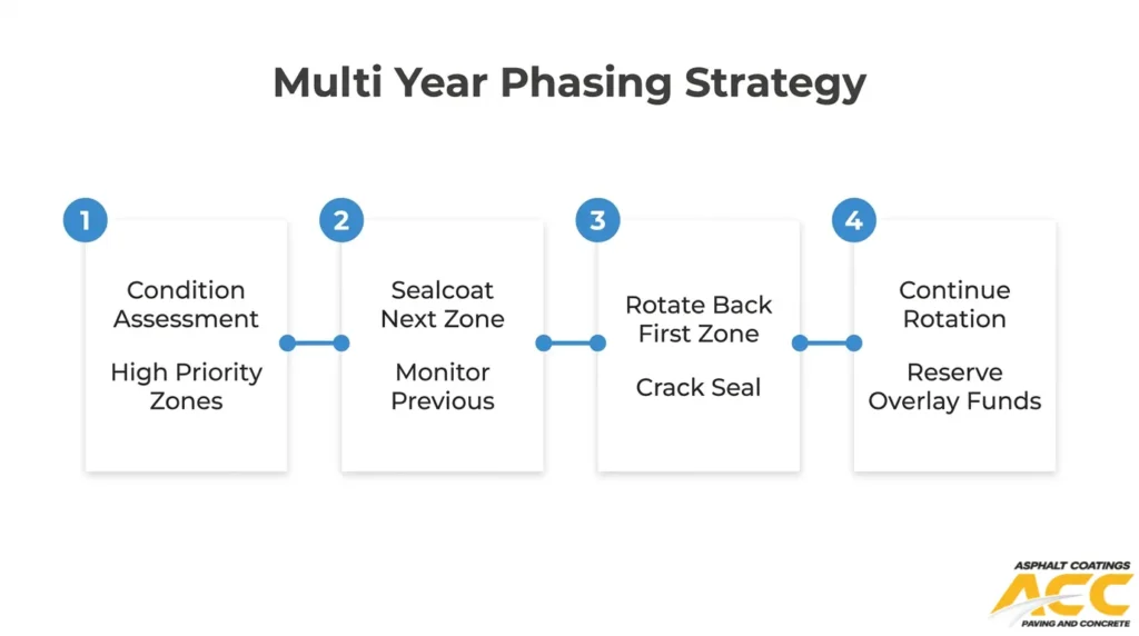 Multi-year parking lot maintenance phasing strategy for assessing conditions, rotating sealcoating zones, sealing cracks, and reserving overlay funds.