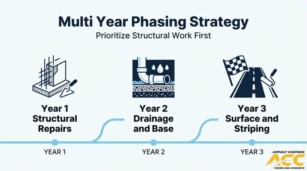 Three-year commercial paving plan prioritizing structural repairs, drainage and base work, then surface paving and striping