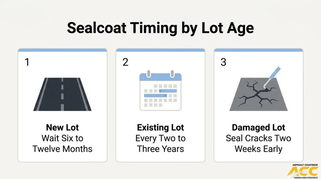Sealcoating schedule by parking lot age for new pavement, existing lots, and damaged asphalt requiring crack repair.