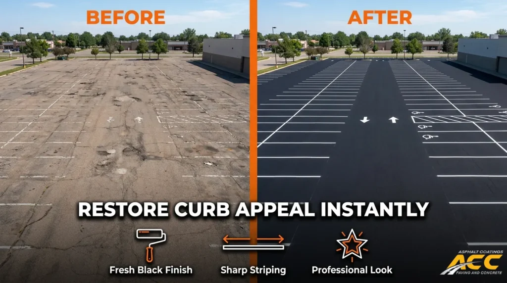 Before-and-after sealcoating comparison showing a cracked, faded parking lot restored with a fresh black finish and new striping.