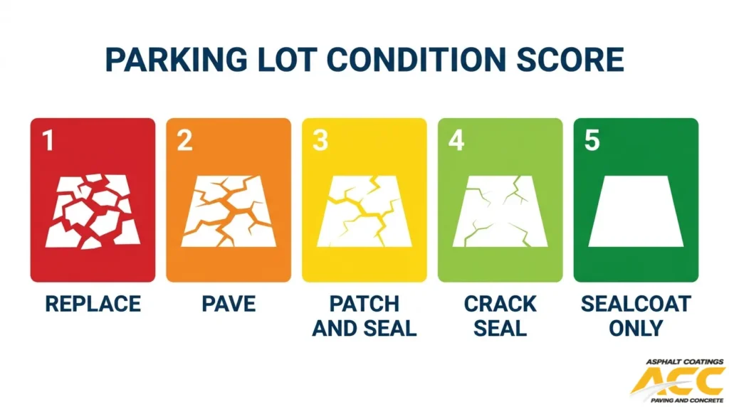 Parking lot condition rating scale showing when to replace, repave, patch and seal, crack seal, or apply sealcoating.