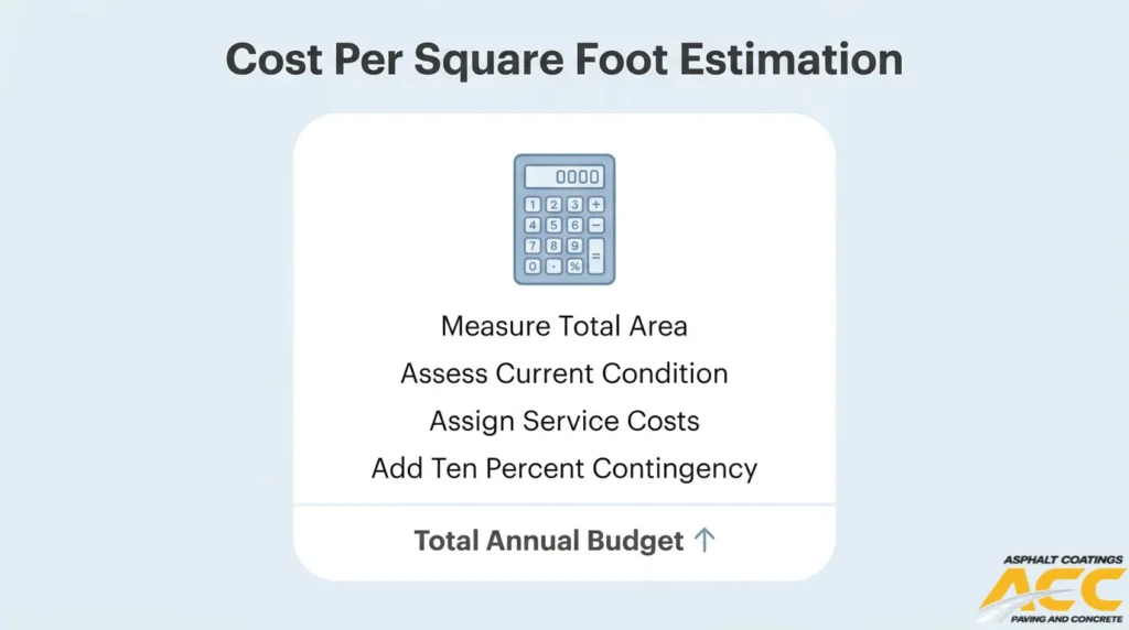 Parking lot cost-per-square-foot estimation process based on area, pavement condition, service costs, and contingency funds.