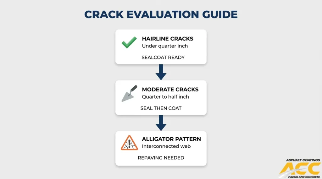 Parking lot crack evaluation guide comparing hairline cracks, moderate cracks, and alligator cracking with the recommended repair method.