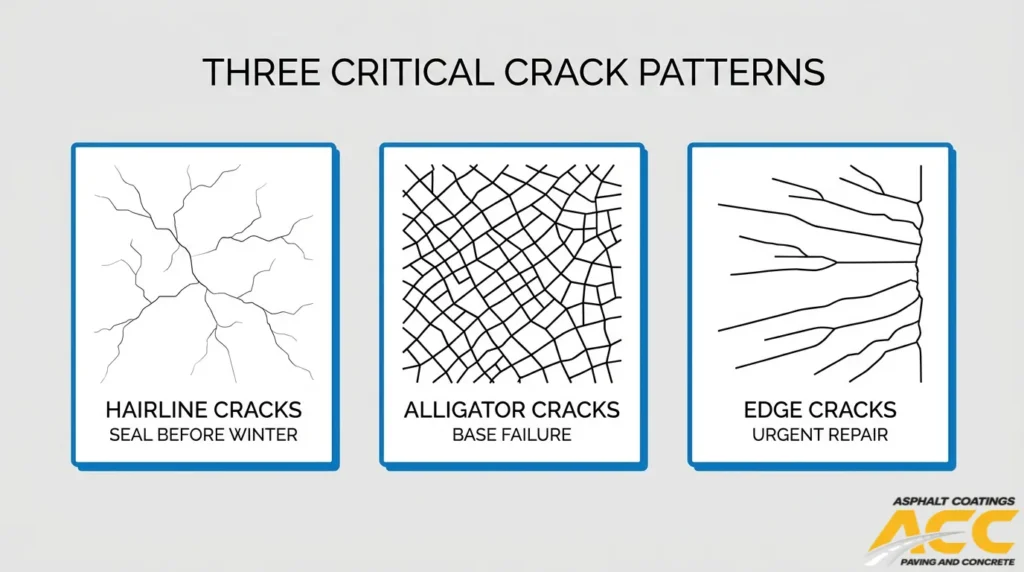 Parking lot crack guide comparing hairline cracks, alligator cracking, and edge cracks with recommended repair urgency