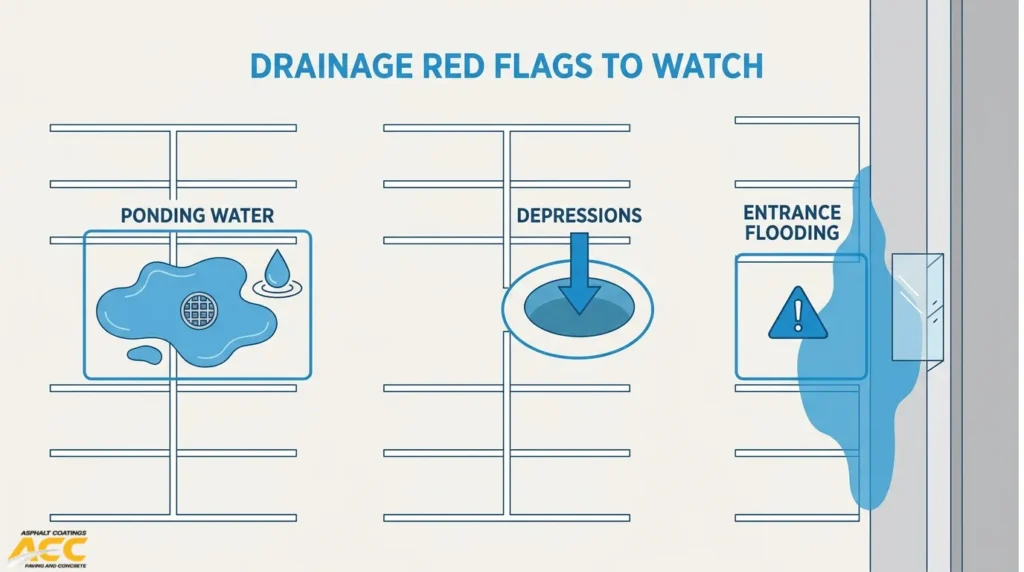 Parking lot drainage warning signs including ponding water, pavement depressions, and entrance flooding