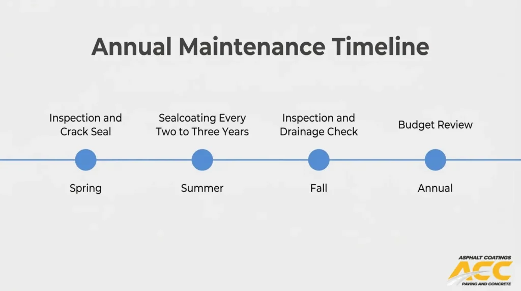 Annual parking lot maintenance timeline covering spring crack sealing, summer sealcoating, fall drainage checks, and budget review