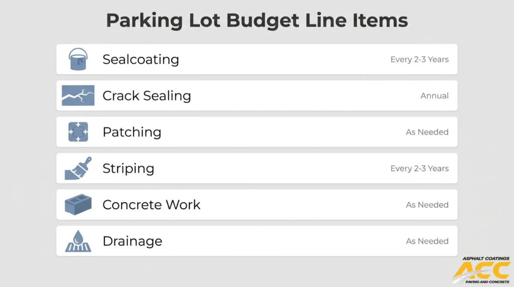 Parking lot maintenance budget line items for sealcoating, crack sealing, patching, striping, concrete work, and drainage.