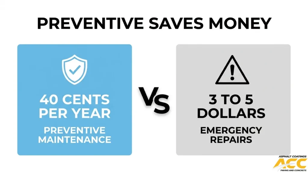 Preventive asphalt maintenance cost comparison showing lower annual costs than emergency pavement repairs
